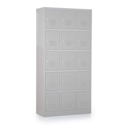 Kovová šatní skříňka - 15 boxů, 90 x 40 x 185 cm, cylindrický zámek, šedá - ral 7035