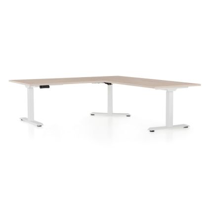 Výškově nastavitelný stůl OfficeTech Angle, 180 x 200 cm, bílá podnož, dub