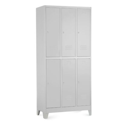 Kovová šatní skříňka - 6 boxů, 90 x 45 x 195 cm, pevné nohy, cylindrický zámek, světle šedá - ral 7035