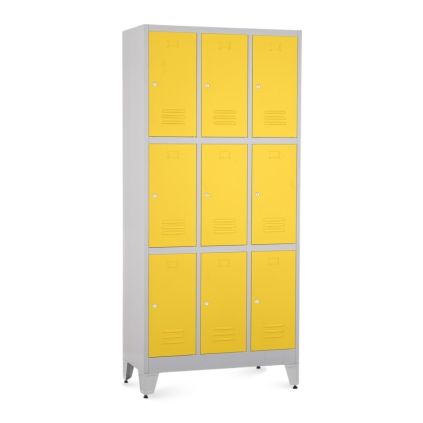 Kovová šatní skříňka - 9 boxů, 90 x 45 x 196,5 cm, nastavitelné nožky, cylindrický zámek, žlutá - ral 1023