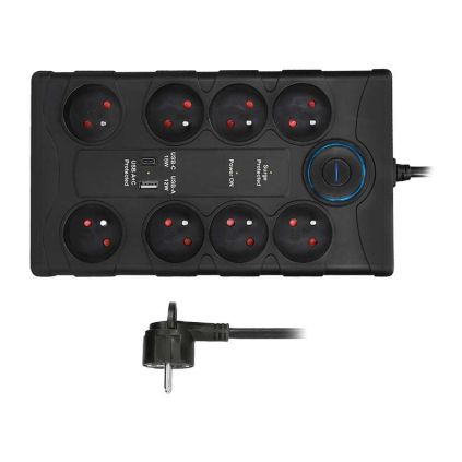 Přepěťová ochrana 8Z + USB A + USB C - 2m, černá